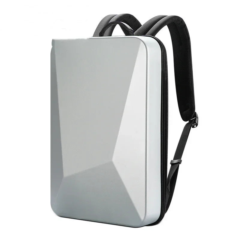 Futuristic silver hard shell backpack with geometric design and adjustable black straps