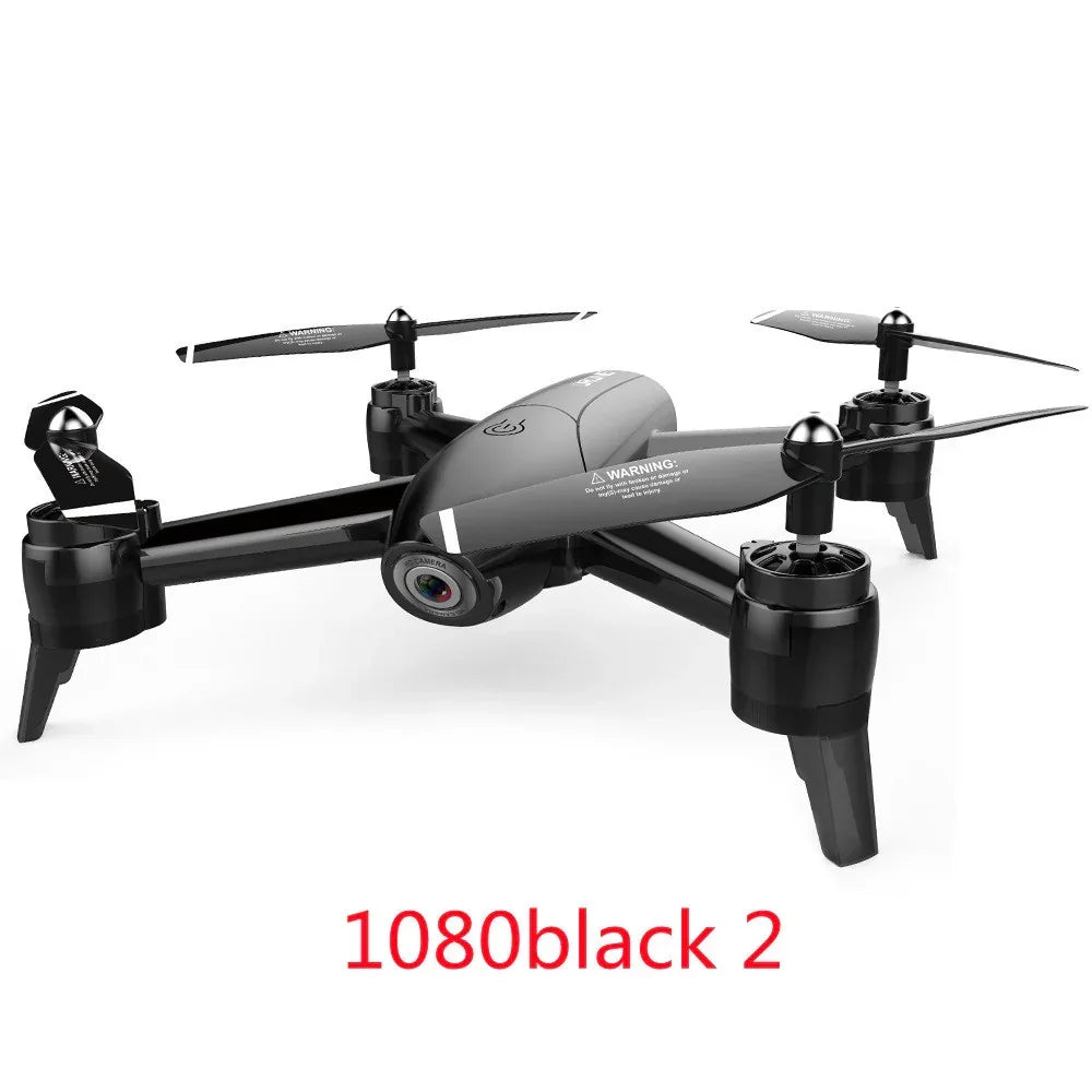 Black quadcopter drone with camera, modern sleek design, plastic body, compact build