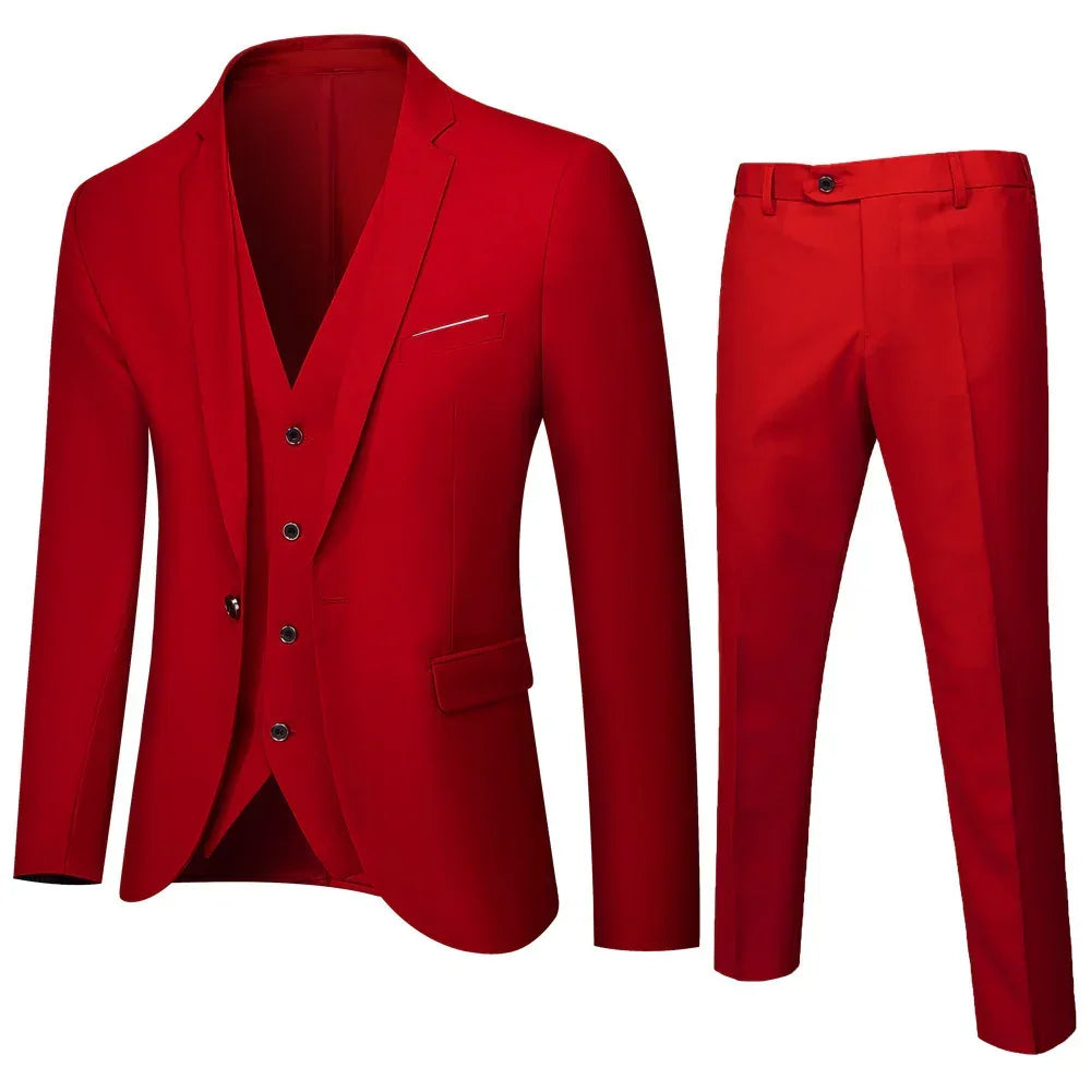 Men’s vibrant red slim fit suit set with blazer, waistcoat, and tailored pants