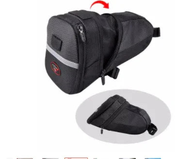 Black nylon bike saddle bag with zipper closure and reflective safety strip