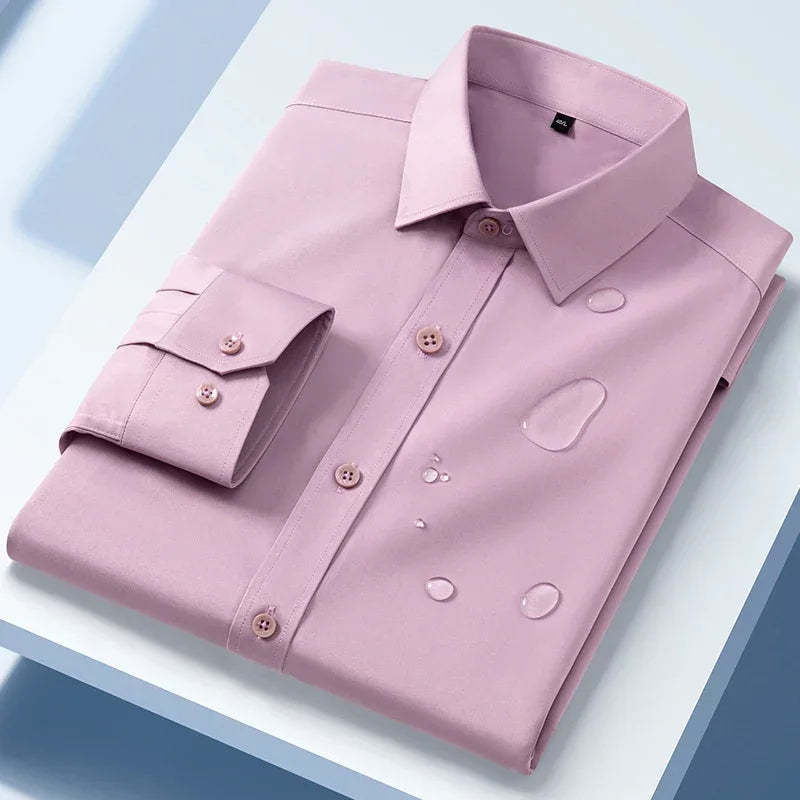 Folded light pink long sleeve dress shirt, water-resistant fabric, modern slim fit