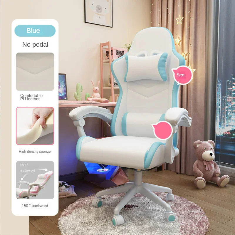Modern ergonomic office chair in white and light blue PU leather, high-density sponge, no pedal, adjustable armrests, and high backrest in a cozy bedroom setup.