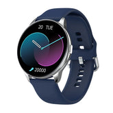 Futuristic round smart watch with blue silicone band, digital display, and sleek silver case