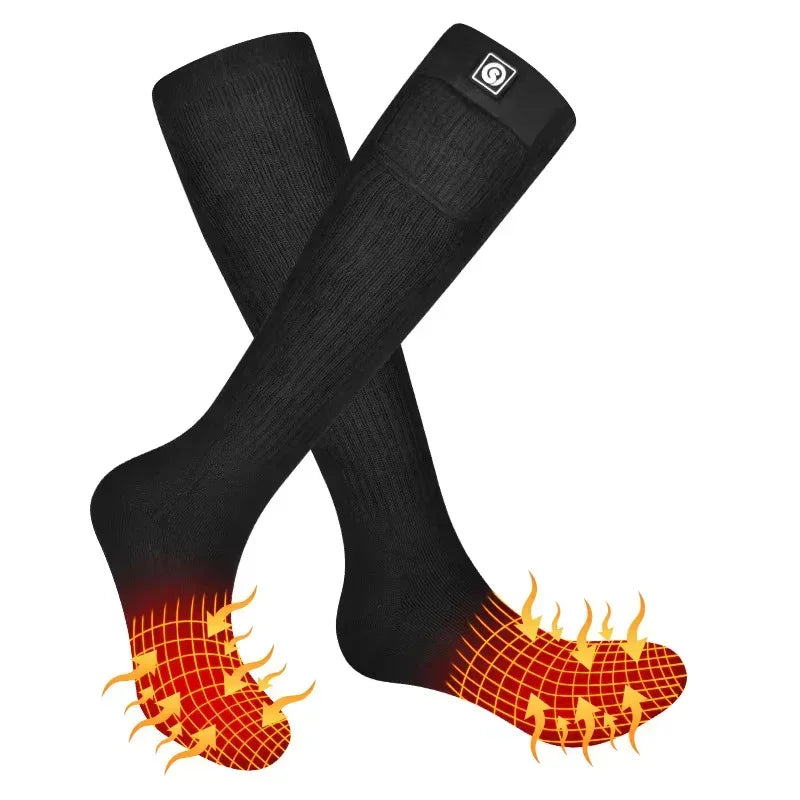 Black knee-high heated socks with ribbed material and slim fit, thermal warming design