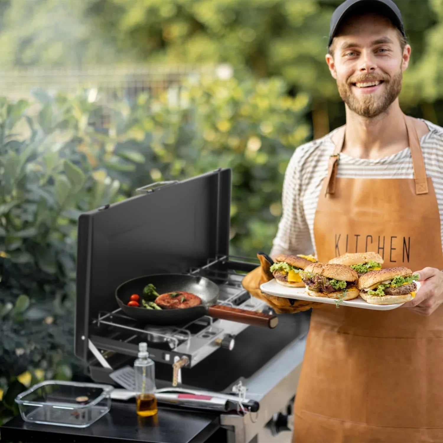 Man in a brown faux leather apron with &