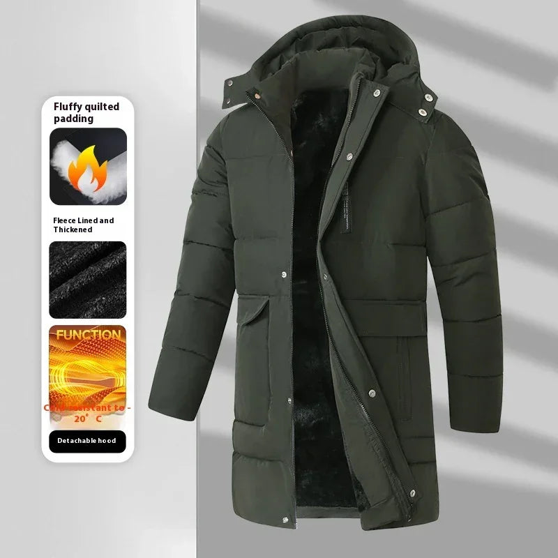 Men's long black puffer jacket with detachable hood, fleece lining, quilted padding, regular fit