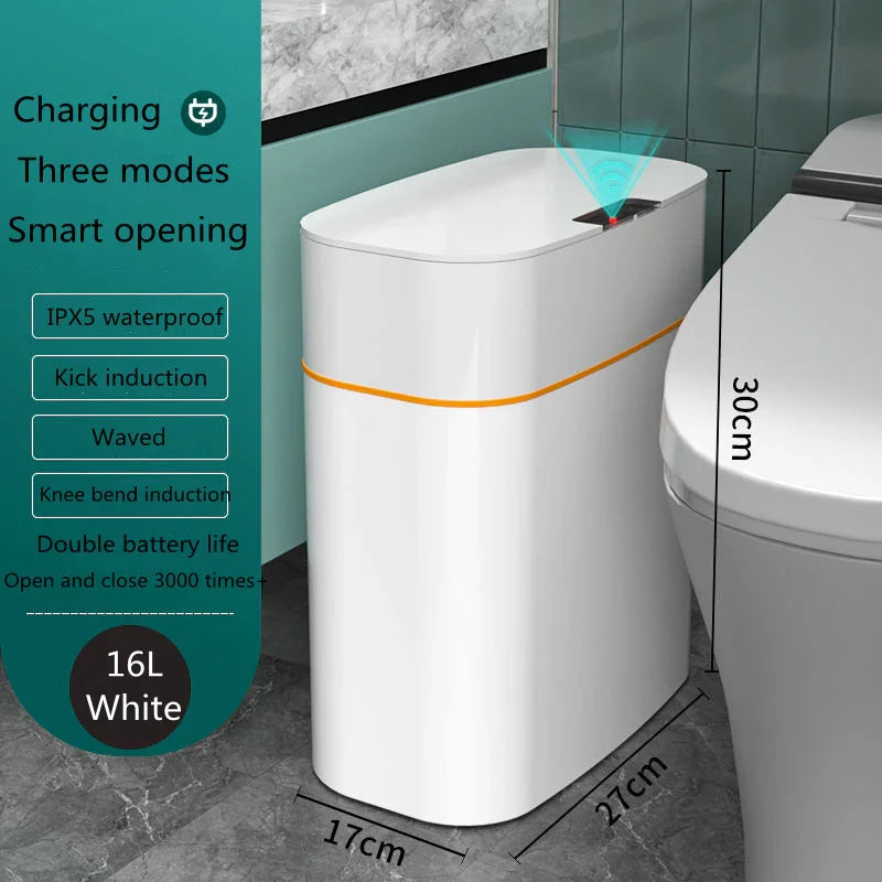 White rectangular smart trash can with motion sensor, waterproof design, 16L capacity, in bathroom