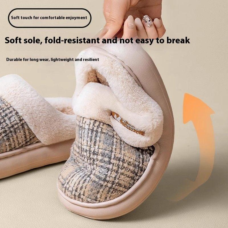 Plush indoor slippers with plaid pattern, soft faux fur lining, and flexible beige sole
