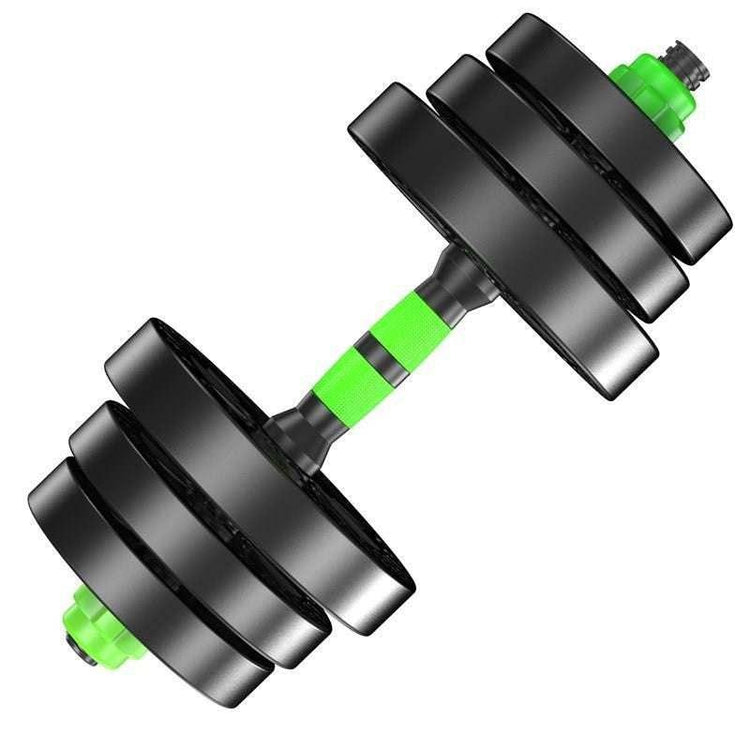 Adjustable black dumbbell with green textured handle and weight plates, modern fitness gear