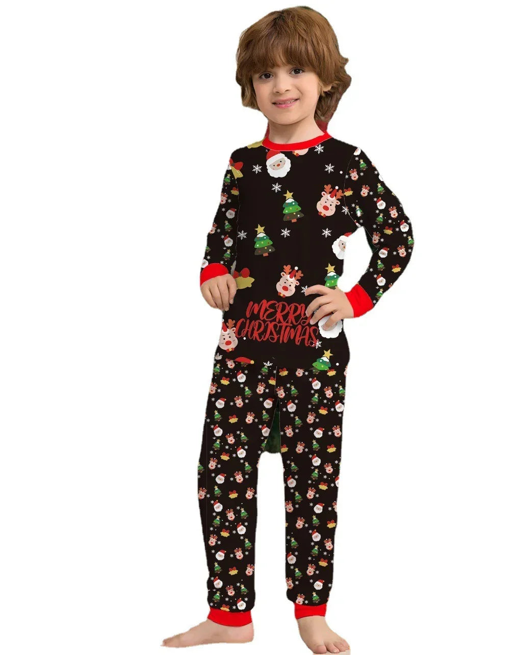 Child in black Christmas-themed pajamas set with Santa, reindeer, tree prints, red trim, relaxed fit