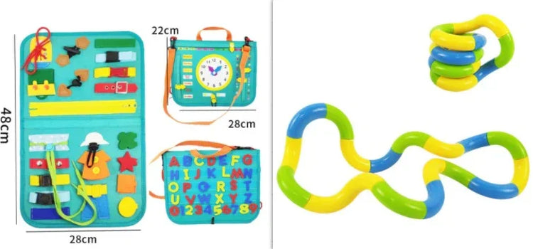 Colorful sensory busy board with zippers, buckles, laces, and alphabet letters for kids.
