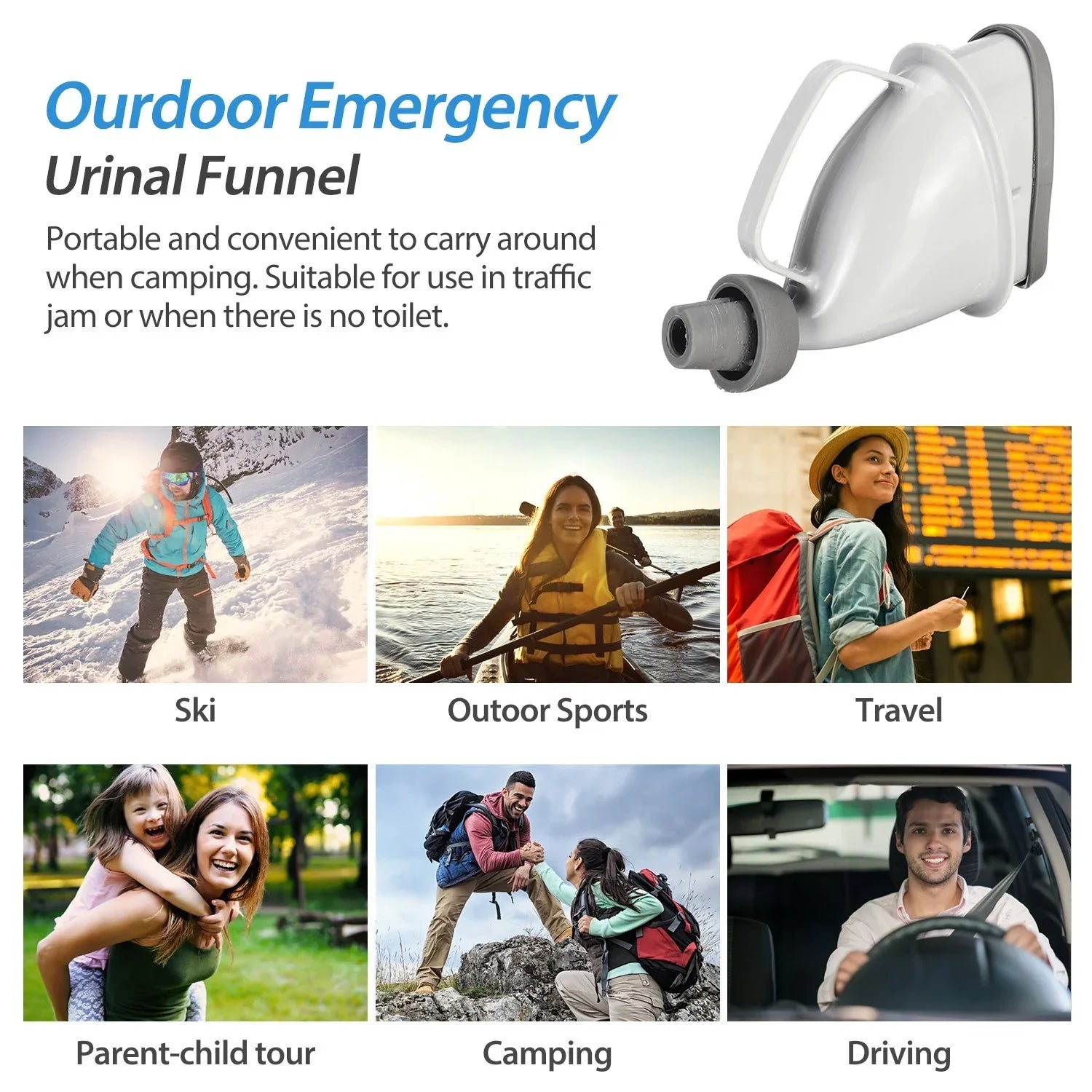 Collage of people in outdoor clothing for skiing, water sports, hiking, travel, and camping.