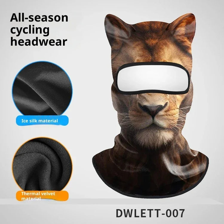 Brown lion face cycling balaclava with ear details, ice silk and thermal velvet material options.