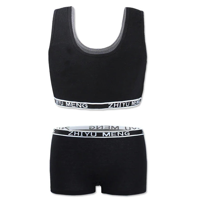 Black cotton sports bra and shorts set with elastic logo waistband, athletic fit