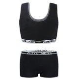 Black cotton sports bra and shorts set with elastic logo waistband, athletic fit