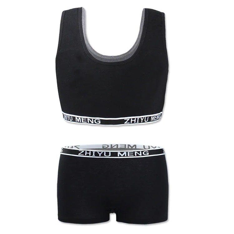 Black cotton sports bra and shorts set with elastic logo waistband, athletic fit