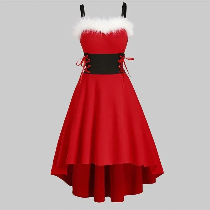 Red sleeveless dress with faux fur trim, black lace-up waist, high-low hem, festive style