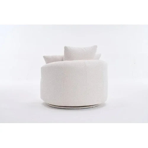 Modern white boucle swivel chair with curved back and matching cushions, plush upholstery