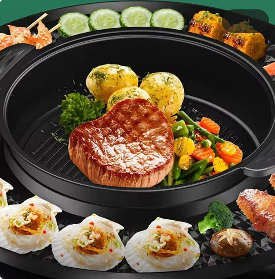 Grilled steak, potatoes, and mixed vegetables on a black grill pan surrounded by assorted seafood and vegetables.