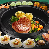 Grilled steak, potatoes, and mixed vegetables on a black grill pan surrounded by assorted seafood and vegetables.