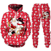 Red Christmas loungewear set with hoodie and joggers, featuring Santa and snowman print, festive holiday pattern, relaxed fit.