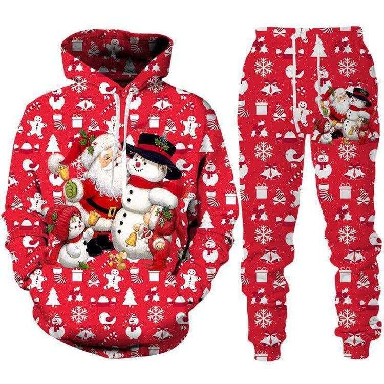 Red Christmas loungewear set with hoodie and joggers, featuring Santa and snowman print, festive holiday pattern, relaxed fit.