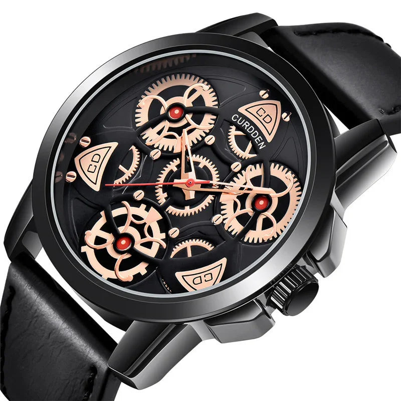 Black leather strap watch with exposed gold gears and a black stainless steel case