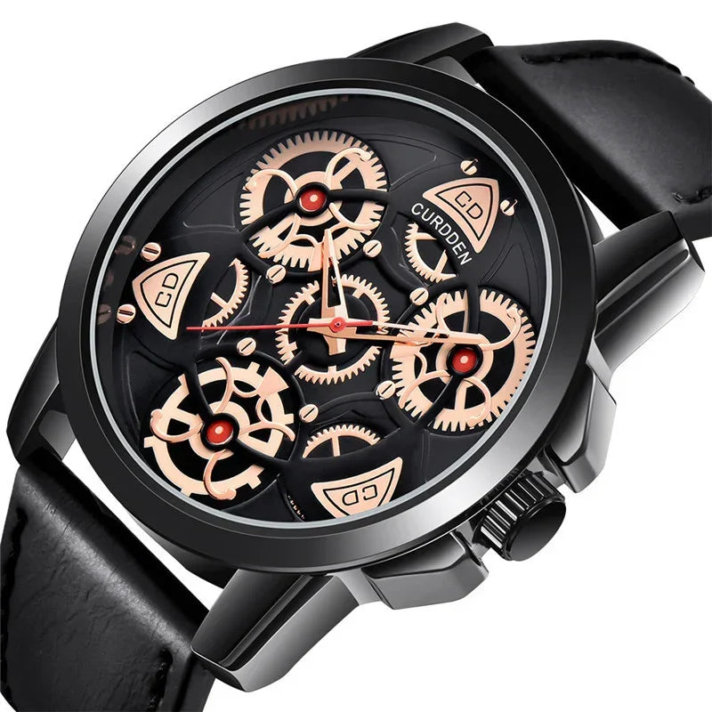Black leather strap watch with exposed gold gears and a black stainless steel case