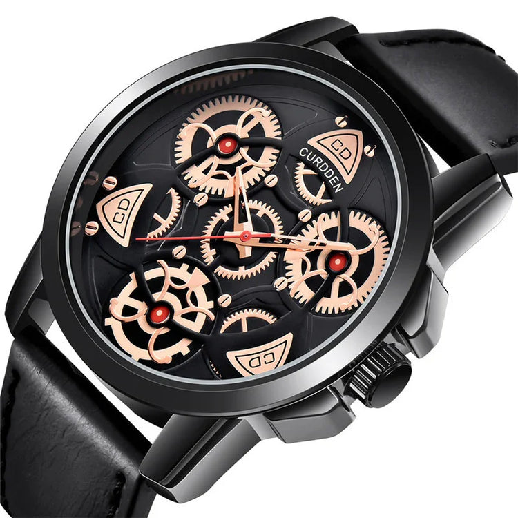 Black leather strap watch with exposed gold gears and a black stainless steel case
