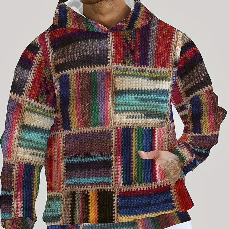 Colorful patchwork knit hoodie with relaxed fit, featuring multicolor squares and long sleeves.