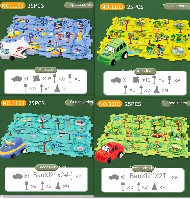 Children’s playset with four colorful puzzle track boards featuring vehicles, road signs, and themed backgrounds in space, dinosaur, ocean, and land designs.