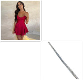 Woman wearing a red satin mini dress with a flared skirt and slim fit, displayed with a sparkling silver bracelet.