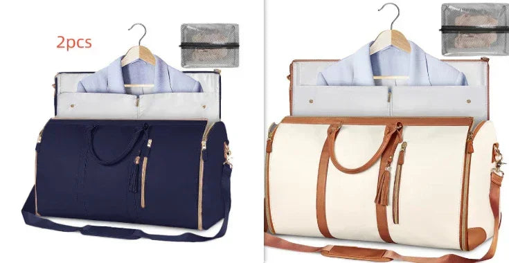 Two travel duffel bags, one navy blue and one cream with brown trim, shown with garment covers and small zip pouches, highlighting spacious design and organized storage.
