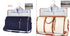 Two travel duffel bags, one navy blue and one cream with brown trim, shown with garment covers and small zip pouches, highlighting spacious design and organized storage.
