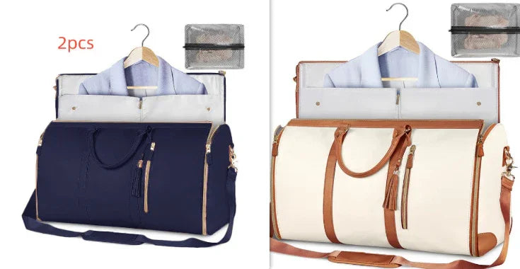 Two travel duffel bags, one navy blue and one cream with brown trim, shown with garment covers and small zip pouches, highlighting spacious design and organized storage.