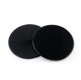 Two black round fabric patches with a smooth surface and minimalist design