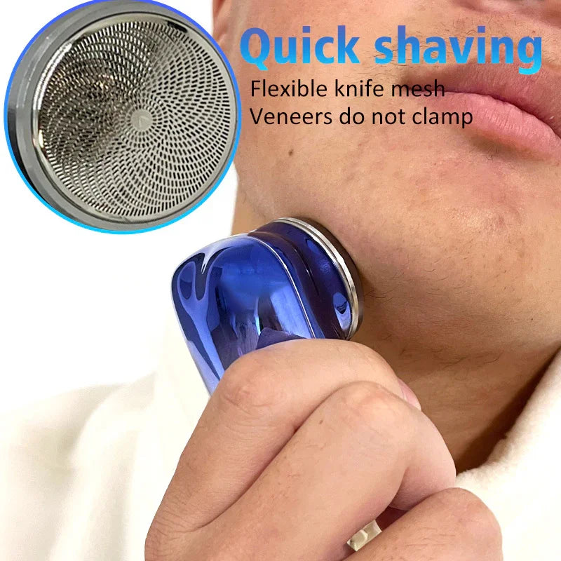 Man using blue electric shaver with flexible mesh for quick, close shaving