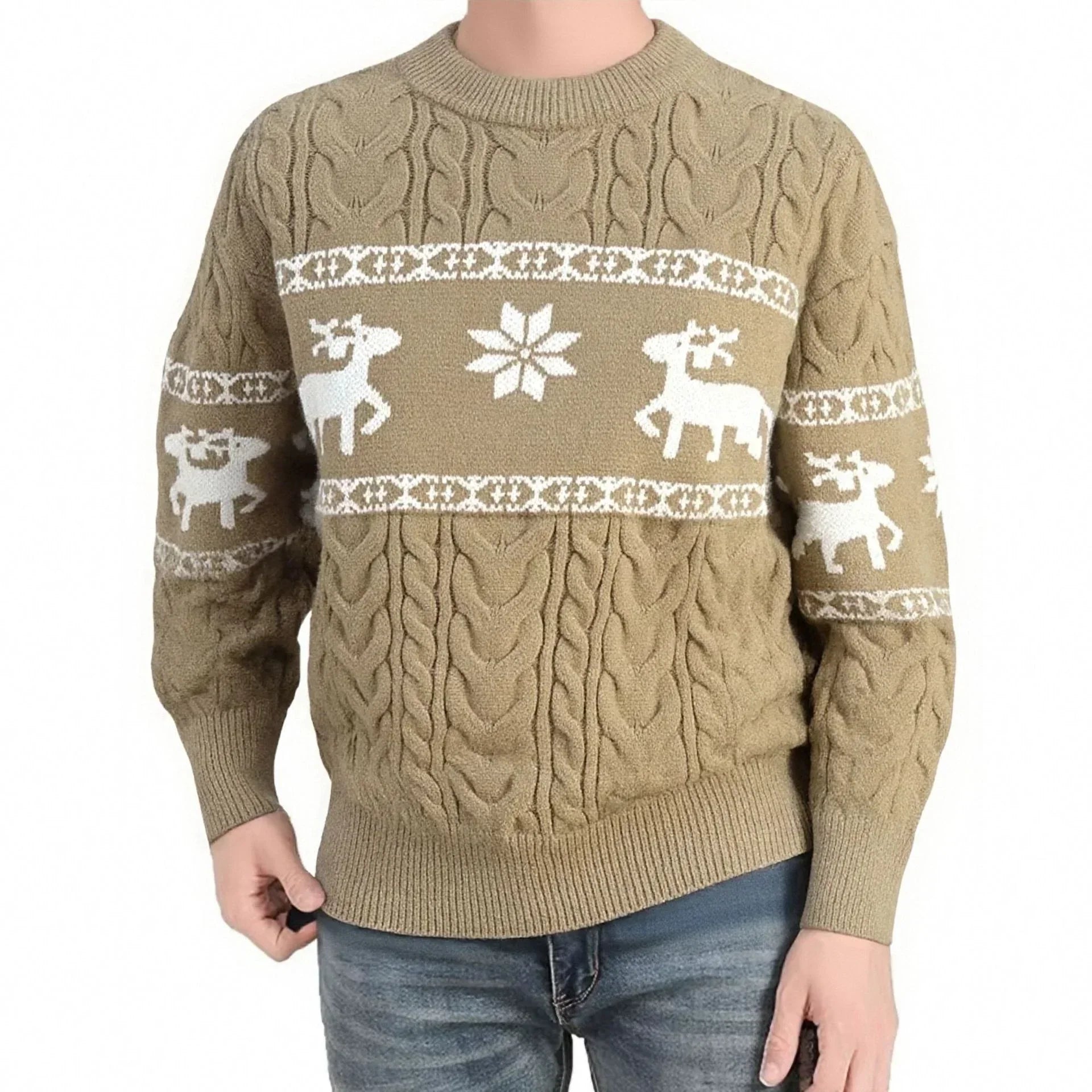 Beige cable knit sweater with white reindeer and snowflake pattern, relaxed fit.