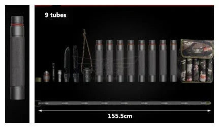 Black modular pole set with 9 tubes, tactical tools, and camouflage carry bag, 155.5cm long
