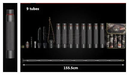 Black modular pole set with 9 tubes, tactical tools, and camouflage carry bag, 155.5cm long