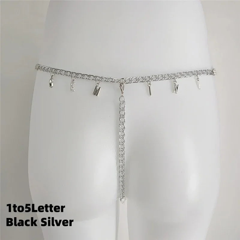 Silver chain waist belt with letter charms, minimalist streetwear accessory, adjustable fit