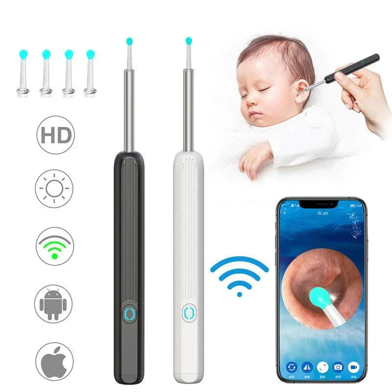 Wireless smart ear cleaning tool with camera shown in black and white, HD visuals, compatible with Android and iOS, safe for babies.