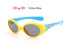 Yellow and blue oval sunglasses with cartoon graphics, glossy plastic frame, kids fit