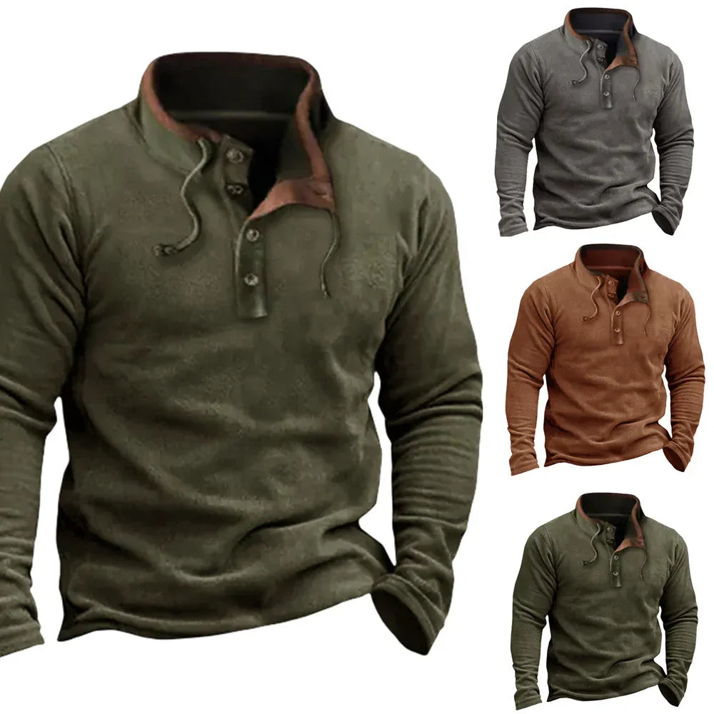 Men’s casual long sleeve pullover in olive, grey, and brown with button-up collar and relaxed fit