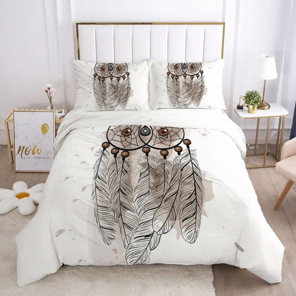 White duvet cover set with dreamcatcher and feather print, soft bedding, modern bedroom decor.