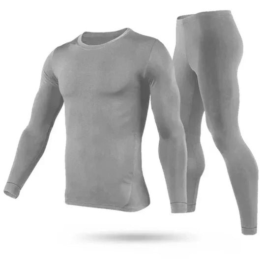 Men's grey long sleeve thermal top and matching leggings set, modern minimalist design