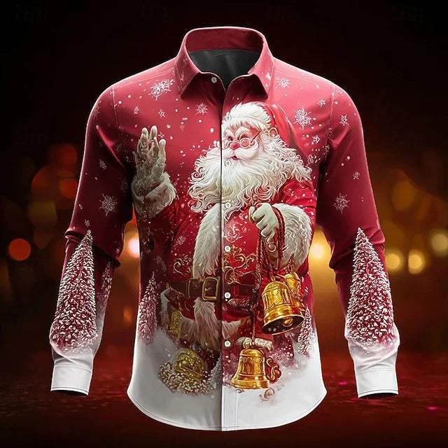 Red Christmas button-up shirt with Santa Claus print, gold bells, snowy tree details, slim fit.