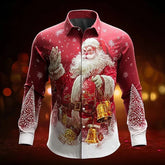Red Christmas button-up shirt with Santa Claus print, gold bells, snowy tree details, slim fit.