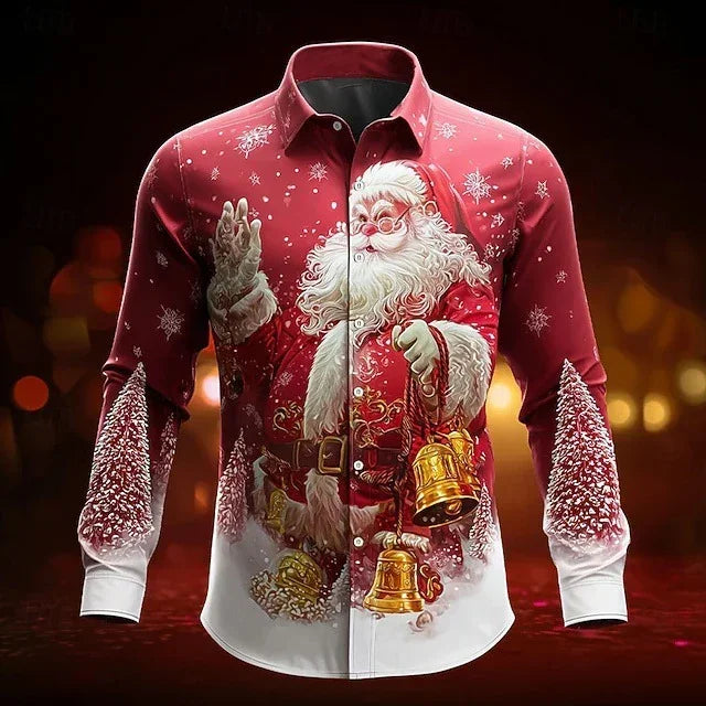 Red Christmas button-up shirt with Santa Claus print, gold bells, snowy tree details, slim fit.