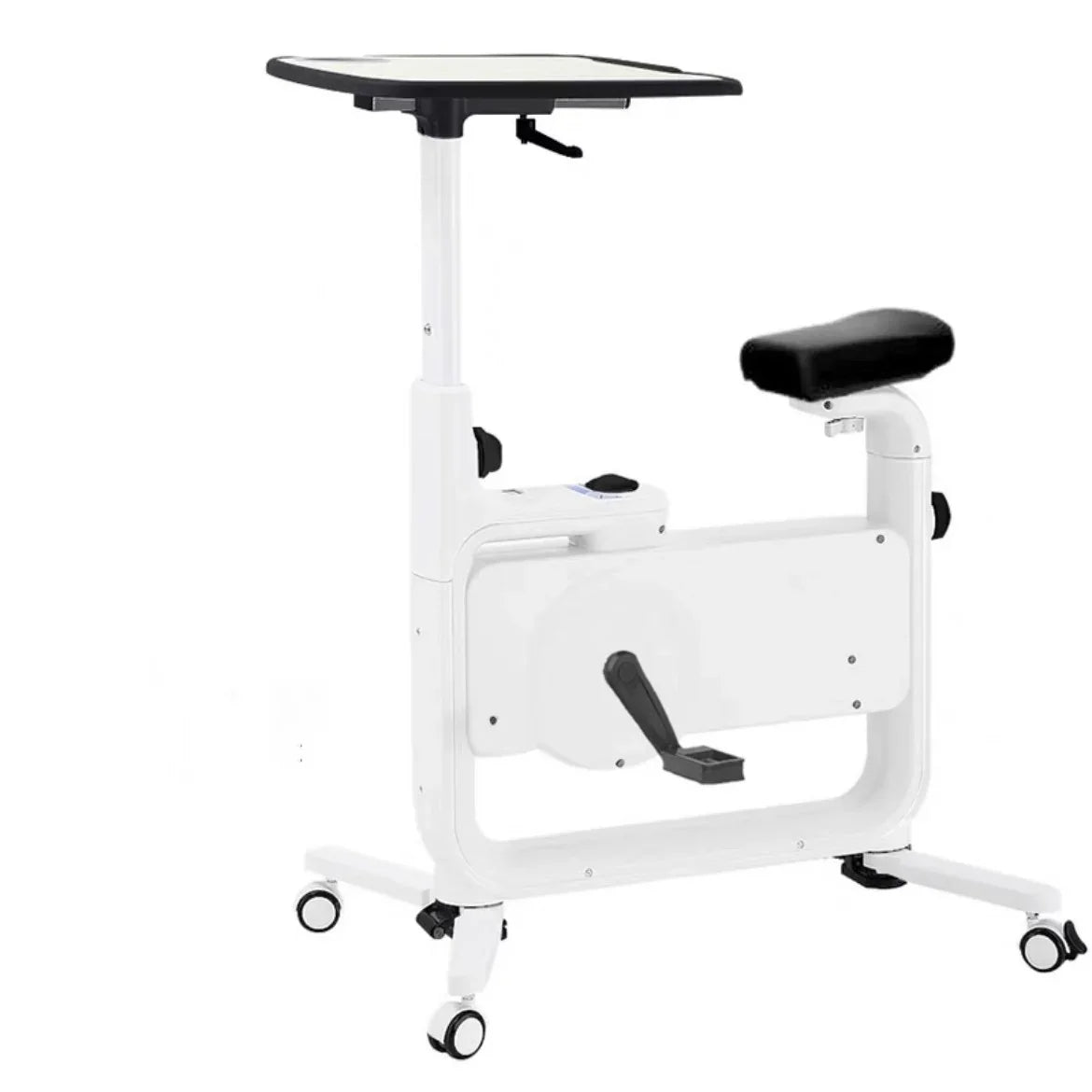White adjustable desk bike with padded seat and built-in work surface, modern home office style